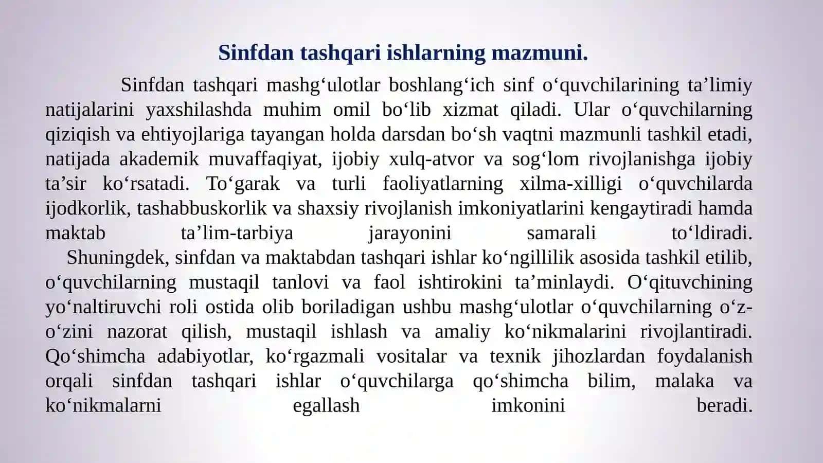 SINFDAN TASHQARI ISHLARNING MOHIYATI, MAQSADI VA VAZIFALARI 4