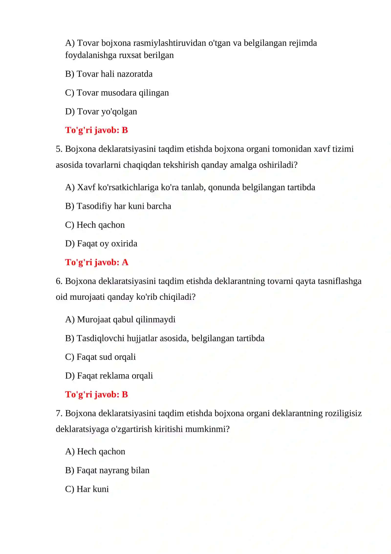 BOJXONA DEKLARATSIYALASH TARTIBI TESTLARI 4