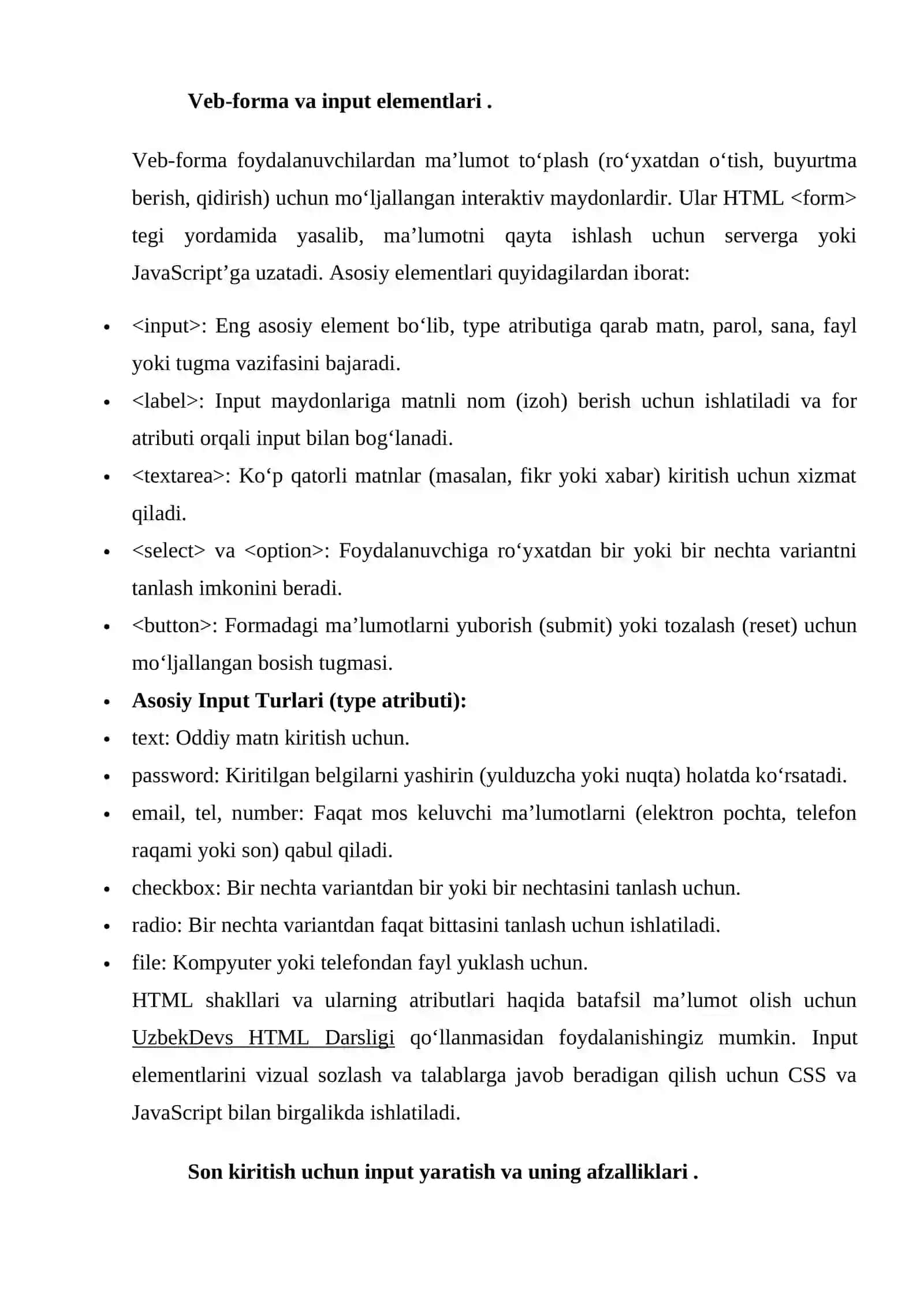 Kontentni boshqarish tizimi (CMS) va son kiritish uchun input yaratish 4