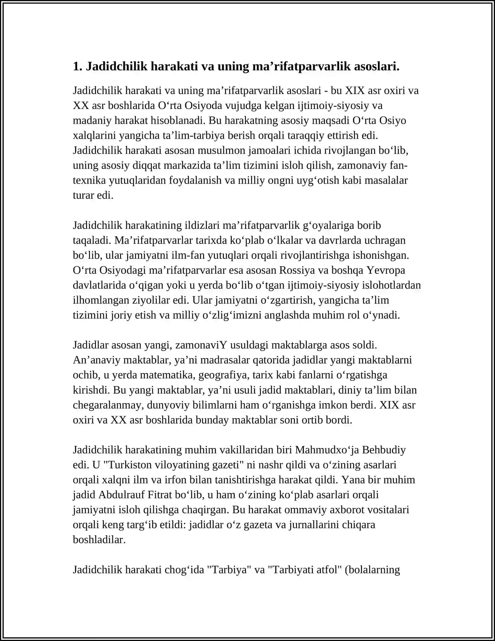 JADID MAʼRIFATPARVARLARINING OʻLKA IJTIMOIY-MAʼNAVIY HAYOTIDA TUTGAN OʻRNI (MUNAVVAR QORI, FITRAT BEHBUDIY, AVLONIY VA BOSHQALAR.) 4