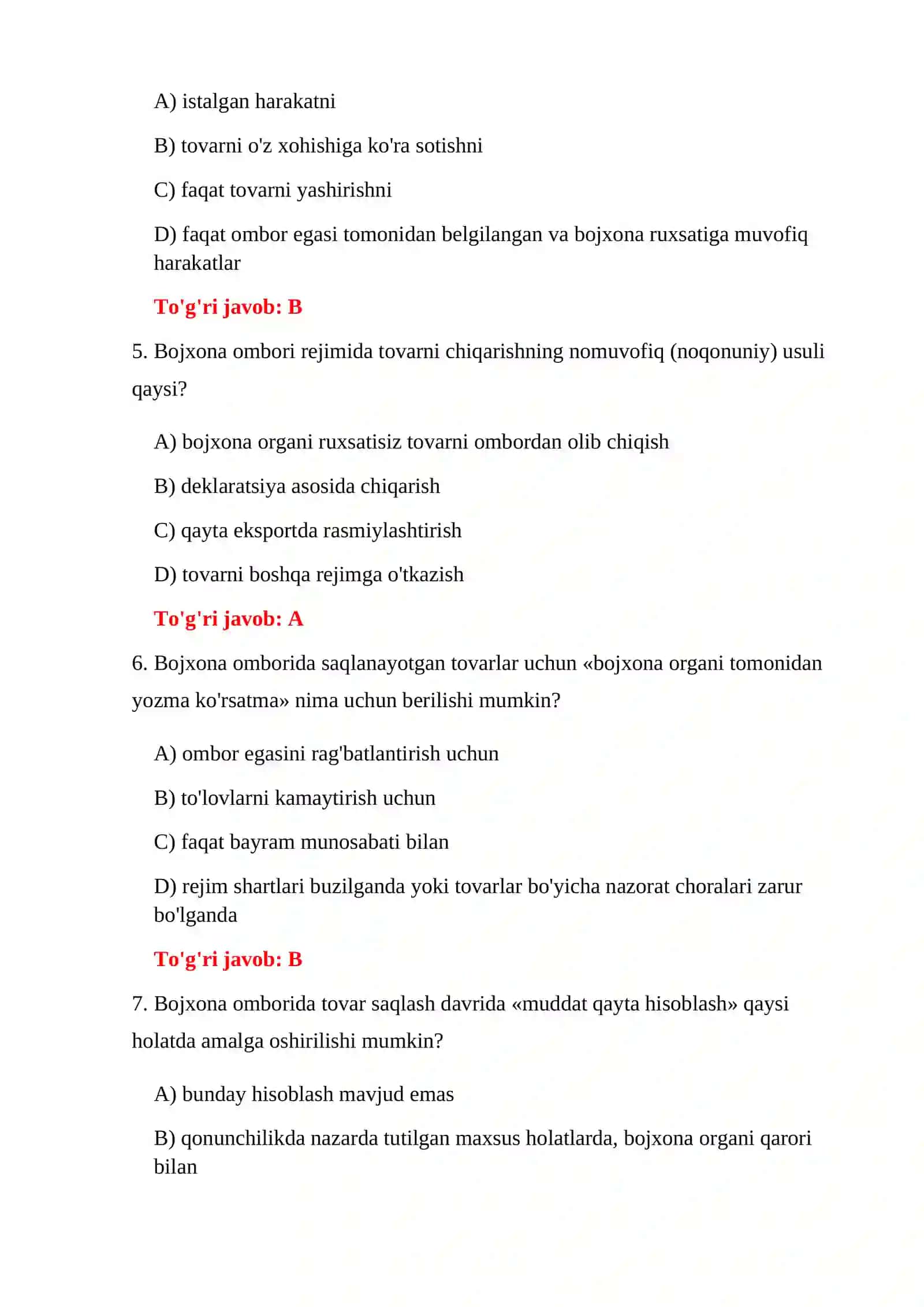 BOJXONA OMBORI NAZORATI TESTLARI 4