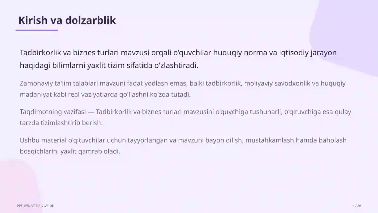 Tadbirkorlik va biznes turlari (10-sinf) 4