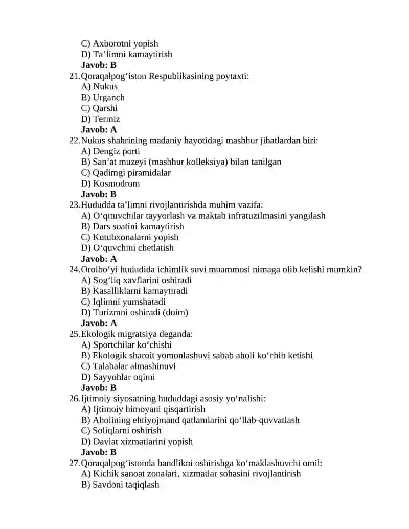 Oʻzbekistonning eng yangi tarixi 8-test 4
