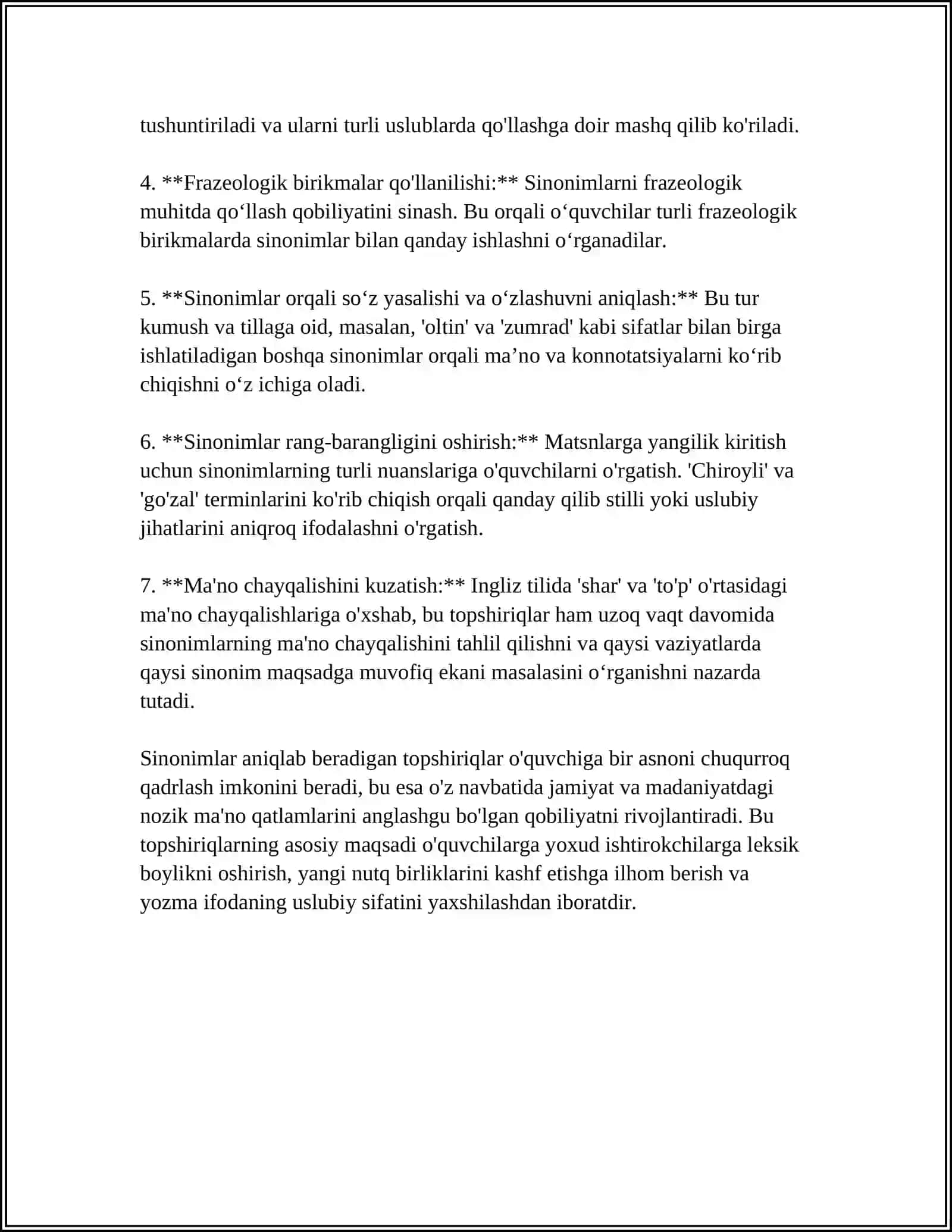 LEKSIK SEMANTIK MUNOSABATLAR BO'YICHA NOSTANDART TOPSHIRIQ TAYYORLASH 4