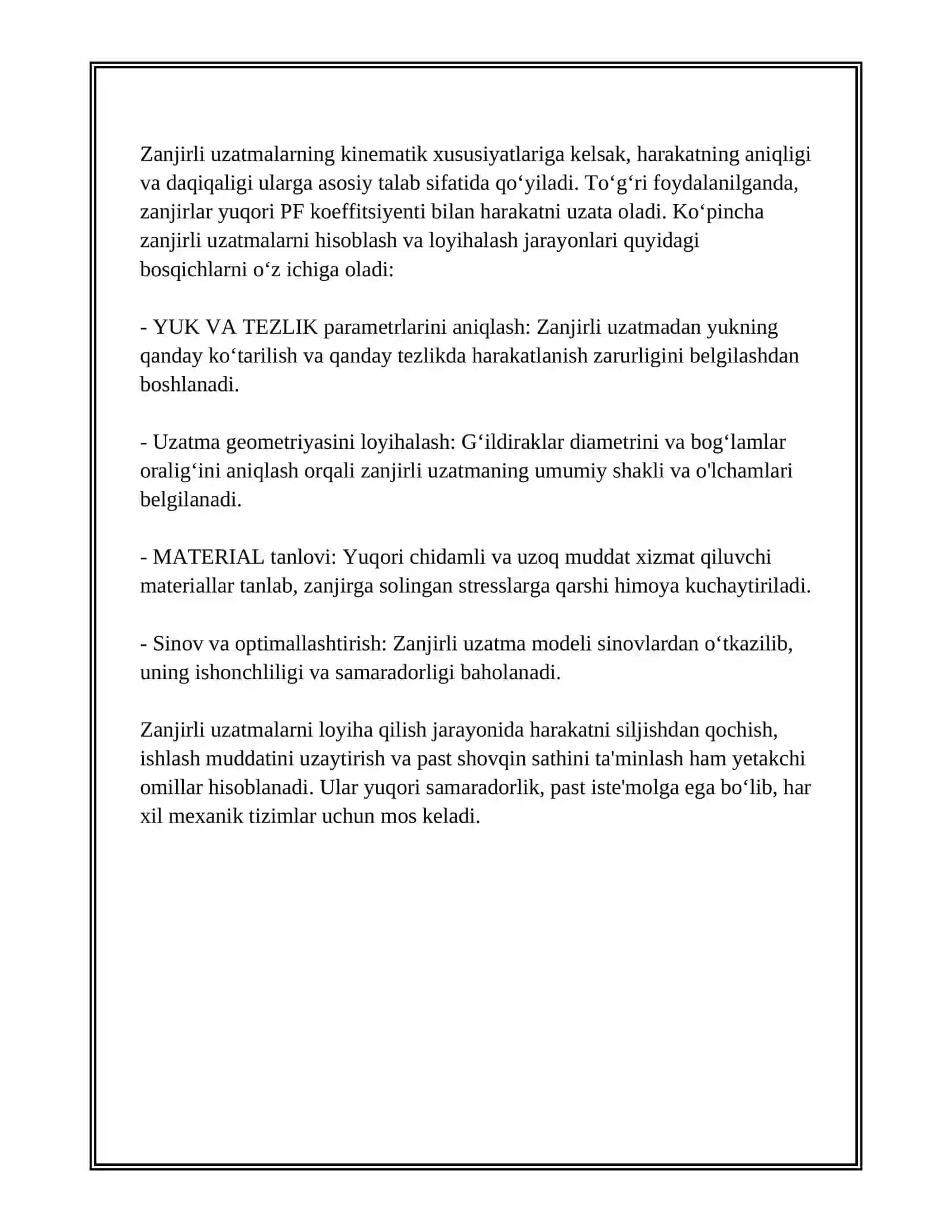 ZANJIRLI UZATMALAR. UZATMANING GEOMETRIYASI VA KINEMATIKASI, HISOBLASH VA LOYIHALASH ASOSLARI 4