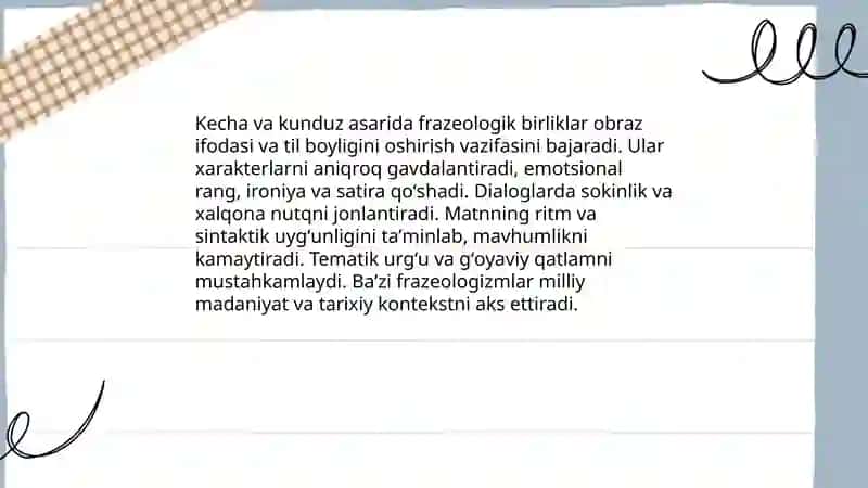Abdulhamid Choʻlponning Kecha va kunduz asarida qoʻllanilgan frazeologik birliklar tahlili 4