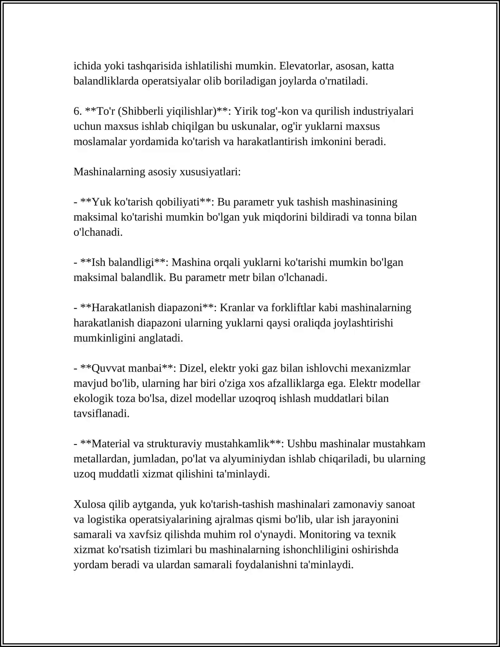 DUNYONING ETUK FIRMA VA KOMPANIYALARNING YUK KO‘TARISH-TASHISH MASHINALARI, TURLARI, QO‘LLANILISHI VA TASNIFI 4