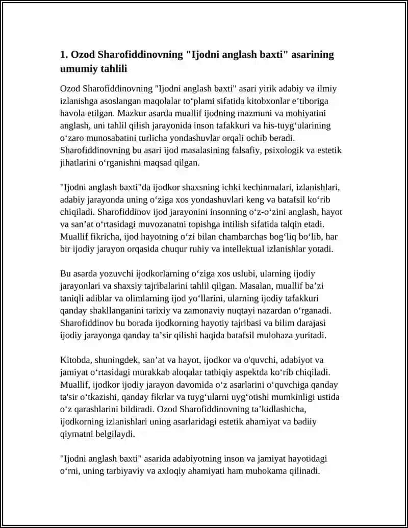 OZOD SHAROFIDDINOVNING "IJODNI ANGLASH BAXTI" NOMLI MAQOLALAR TOʻPLAMIDAN REFERAT 4