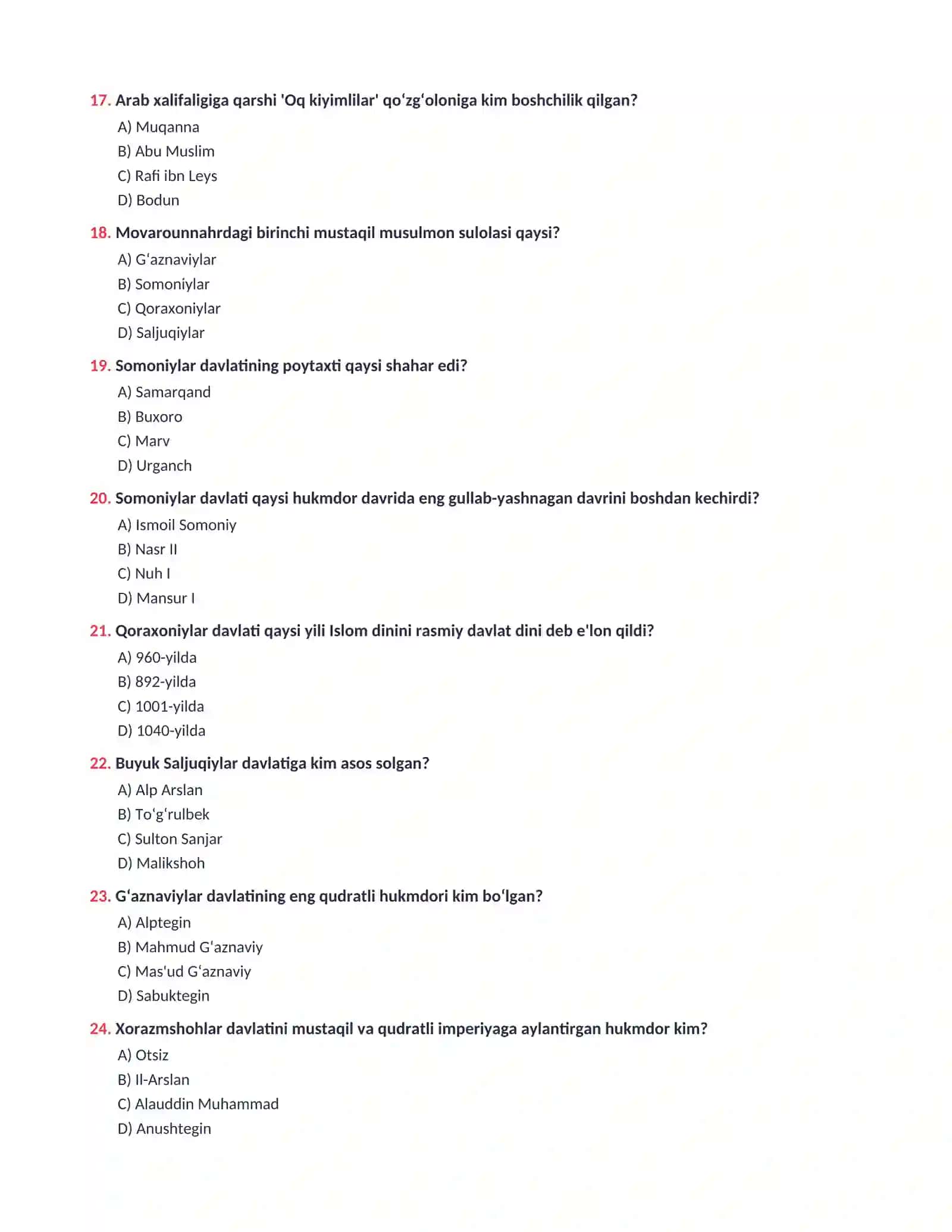 O‘ZBEKISTON TARIXI 100 ta Saralangan Test Savollari va Kalitlar (Javoblar) 4