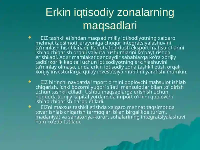 Erkin iqtisodiy zonalarni tashkil etish maqsadi, vazifalari va turlari 4