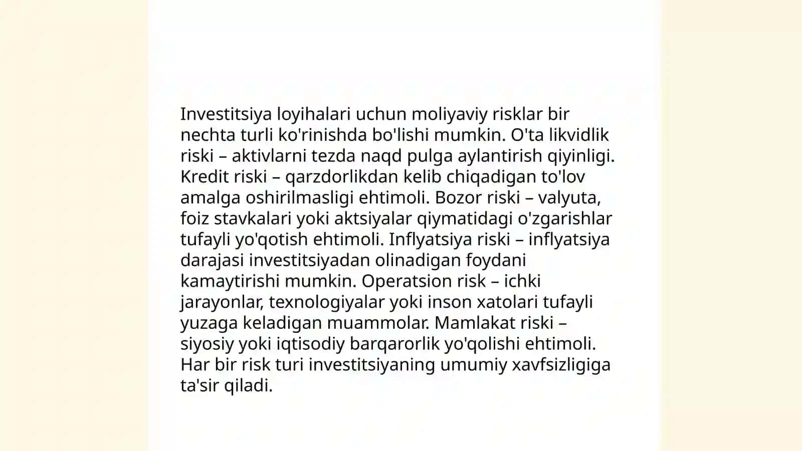 Investitsion loyihalarni moliyalashtirishda risklarni boshqarishning muhim jihatlari 4