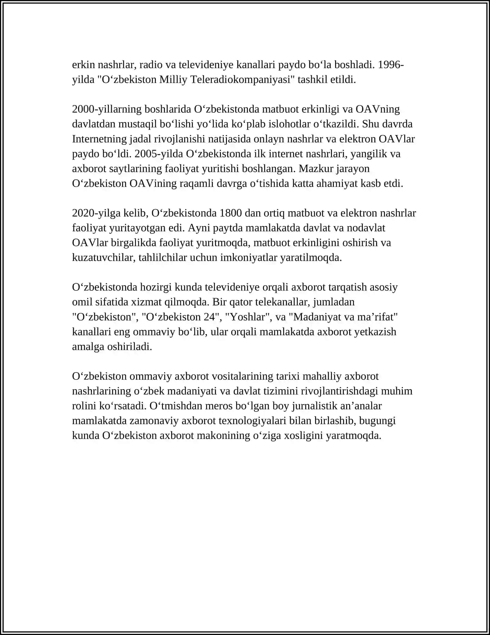 O‘ZBEKISTON RESPUBLIKASIDA OMMAVIY AXBOROT VOSITALARINING FAOLIYATI 4