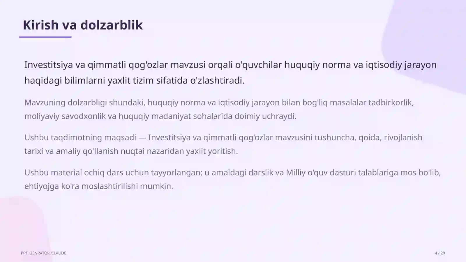 Huquq va iqtisodiyot asoslari (9–11) — ochiq dars uchun 4
