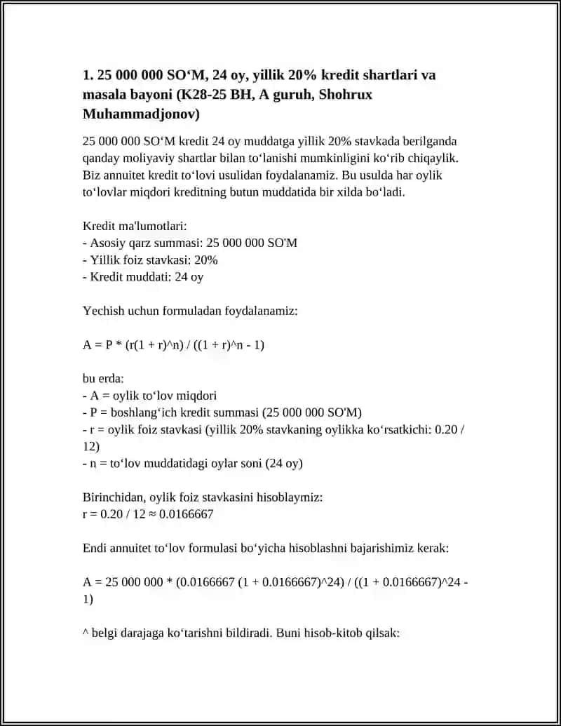 25 000 000 SO‘M KREDIT 2 YIL (24 OY) MUDDATGA, 20% YILLIK FOIZ BILAN 4