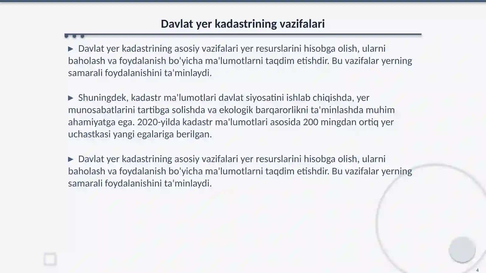 Davlat yer kadastrining nazorat asoslari Yer kadastrining ahamiyati, mazmuni va vazifalari 4
