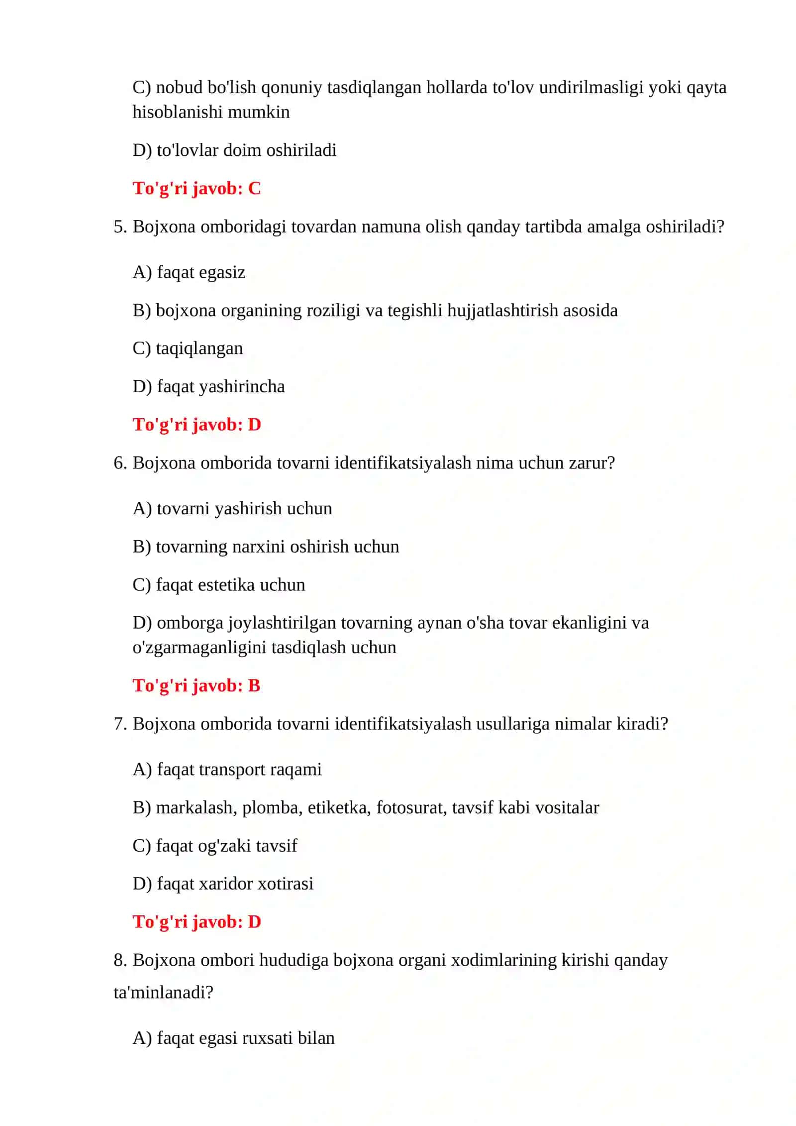 BOJXONA OMBORLARI TESTLARI 4