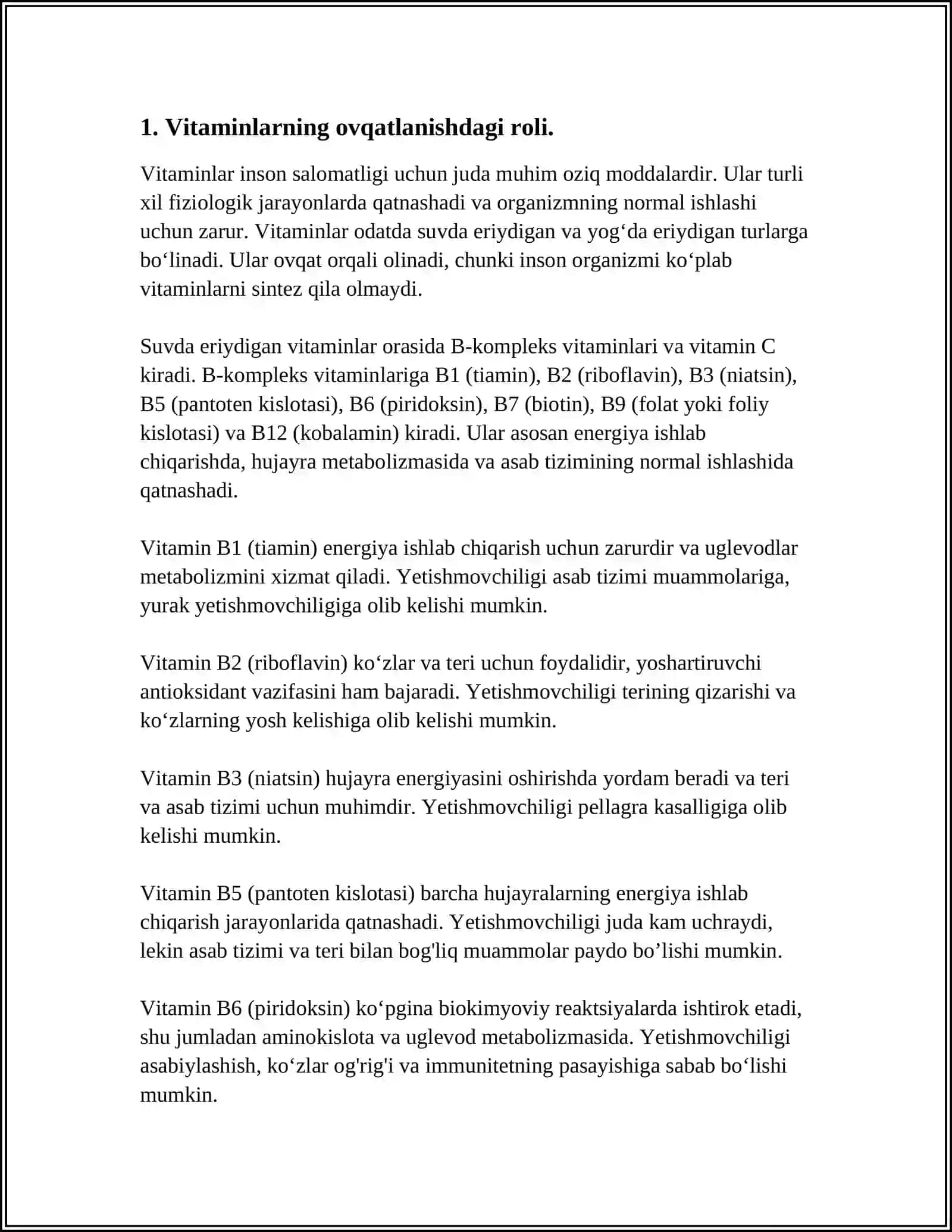 VITAMINLARNING OVQATLANISHDAGI ROLI VA VITAMINLAR ALMASHINUVI KORREKSIYASI.VITAMINLAR TASNIFI.ORGANIZMNING VITAMINLAR BILAN NOADEKVAT TA’MINLANISHI SABABLARI.SUVDA VA YOG’DA ERUVCHI VITAMINLAR.OVQATLANISHDA MIKRO VA MAKROELEMENTLAR ROLI 4