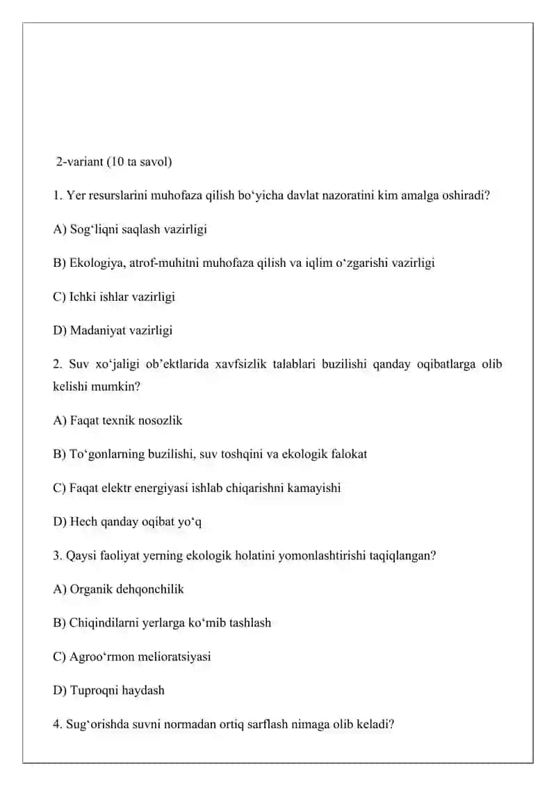 Yer va suv resurslarini muhofaza qilish talablari bo‘yicha test savollari 4