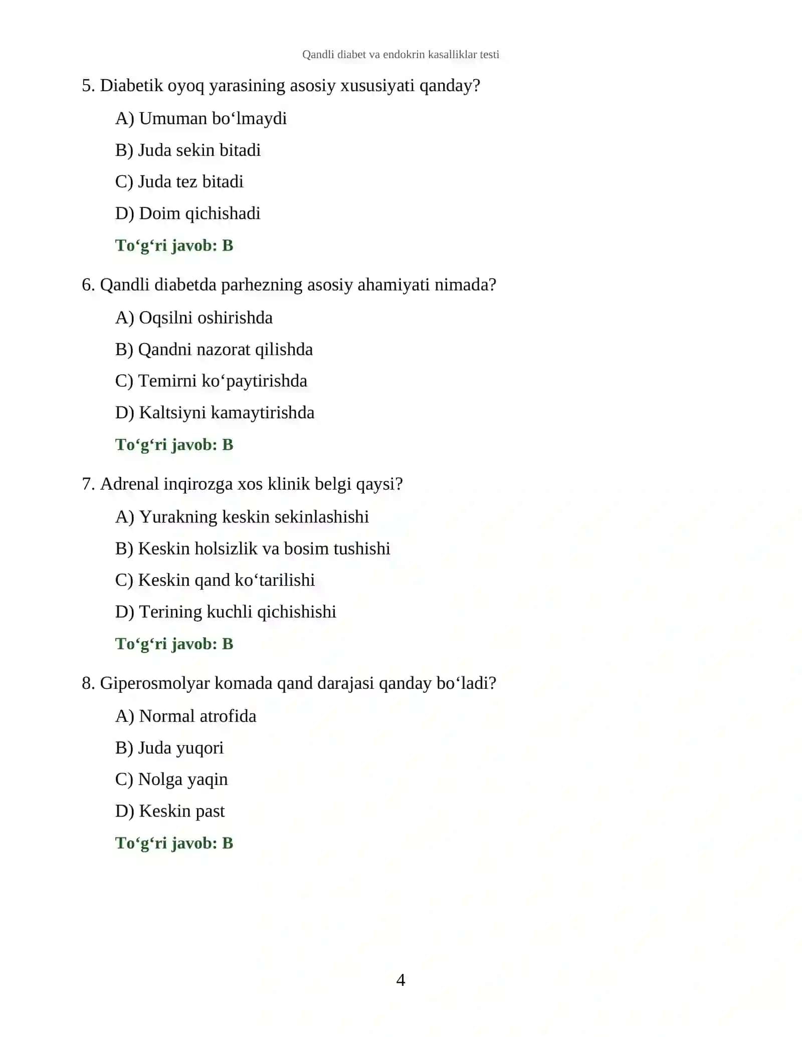 Qandli diabet va endokrin kasalliklar testi 4