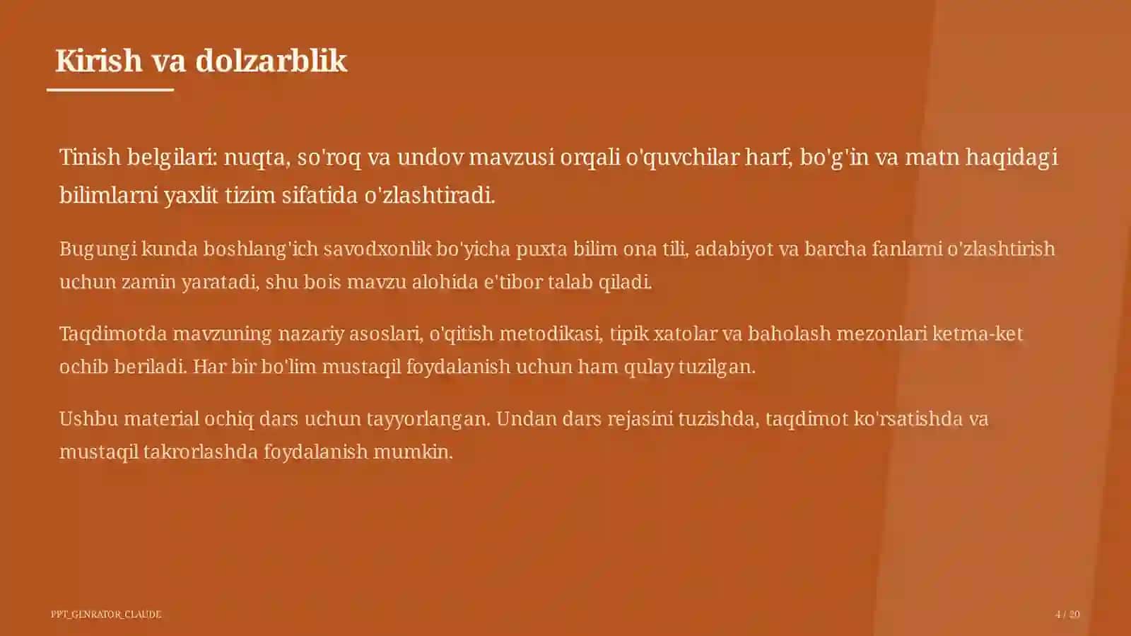 Boshlang'ich sinf: Ona tili va o'qish (1–4) — ochiq dars uchun 4
