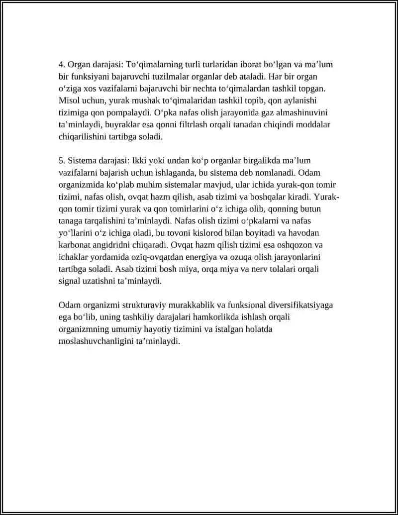 ODAM ORGANIZMINING TUZILISHI, HUJAYRA, TO‘QIMA, ORGANLAR VA SISTEMALAR HAQIDA UMUMIY TUSHUNCHA 4