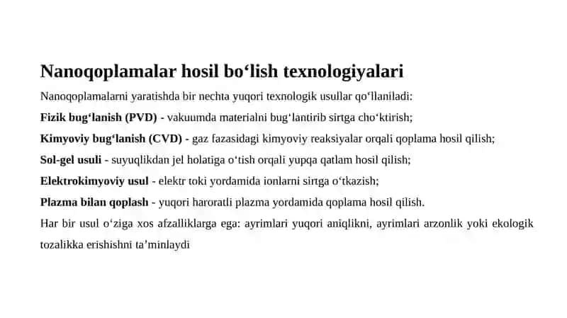Nanoqoplamalar va Ularning Qo‘llanilishi 4