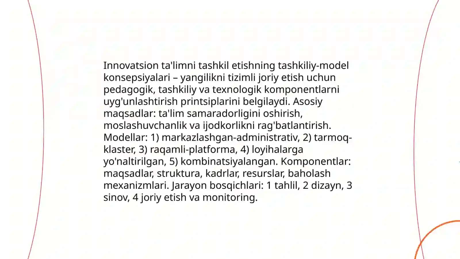 Innovatsiyalarni ta'lim jarayoniga tatbiq etishning tashkiliy pedagogik asoslari, Sultonova Malika 4