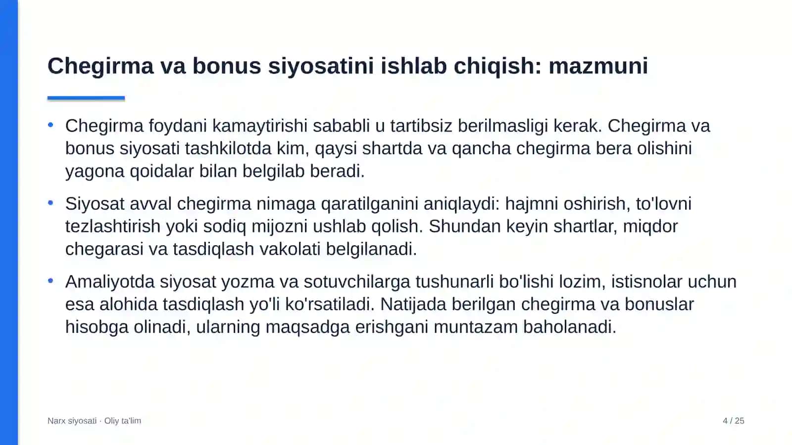 dasturiy ta'minotni testlash sohasida chegirma va bonus siyosatini ishlab chiqish 2810 4