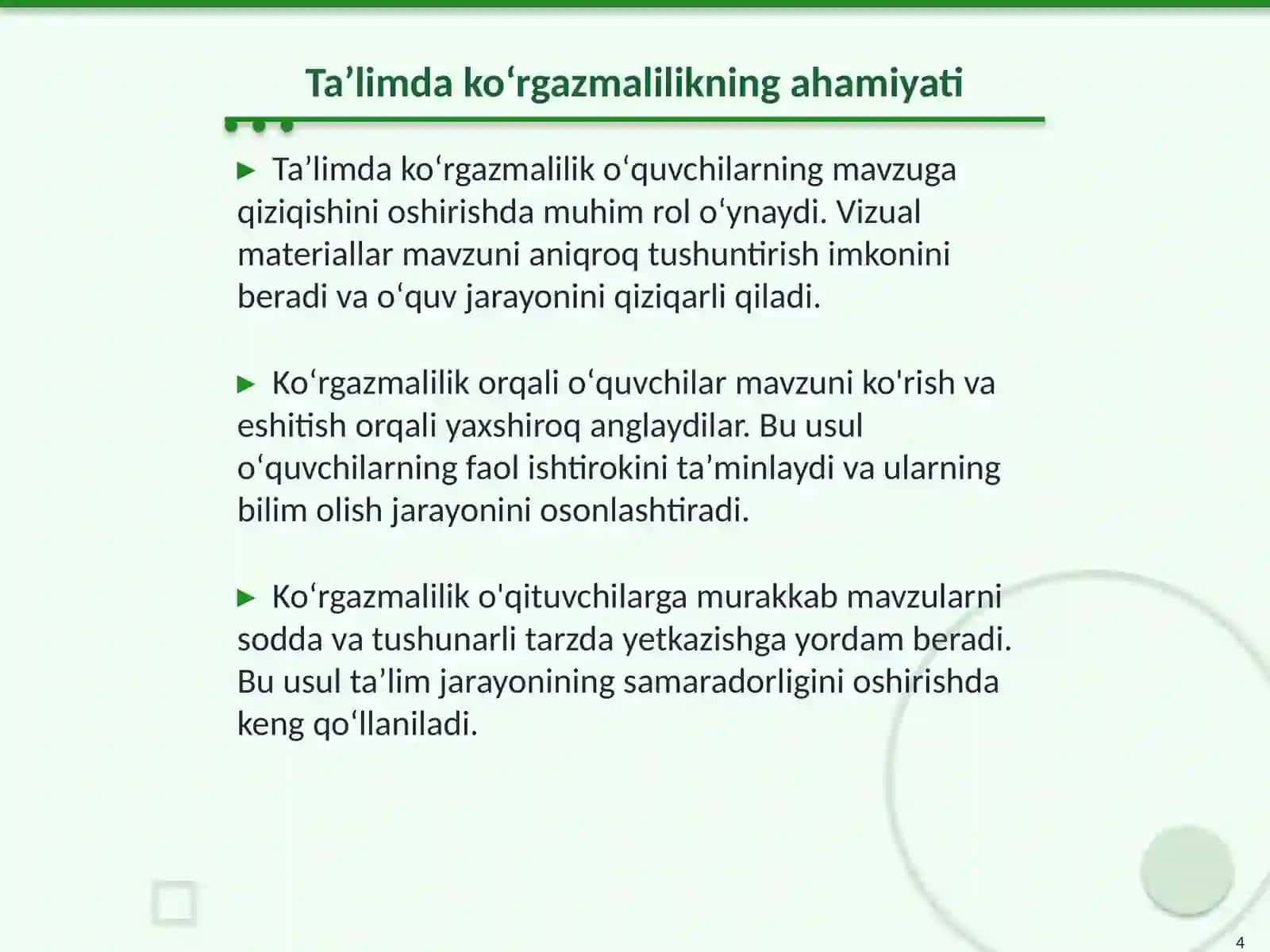 Koʻrgazmalilik asosida taʼlim jarayonida mavzuni koʻrsatishning yuksak samaradorligi 4