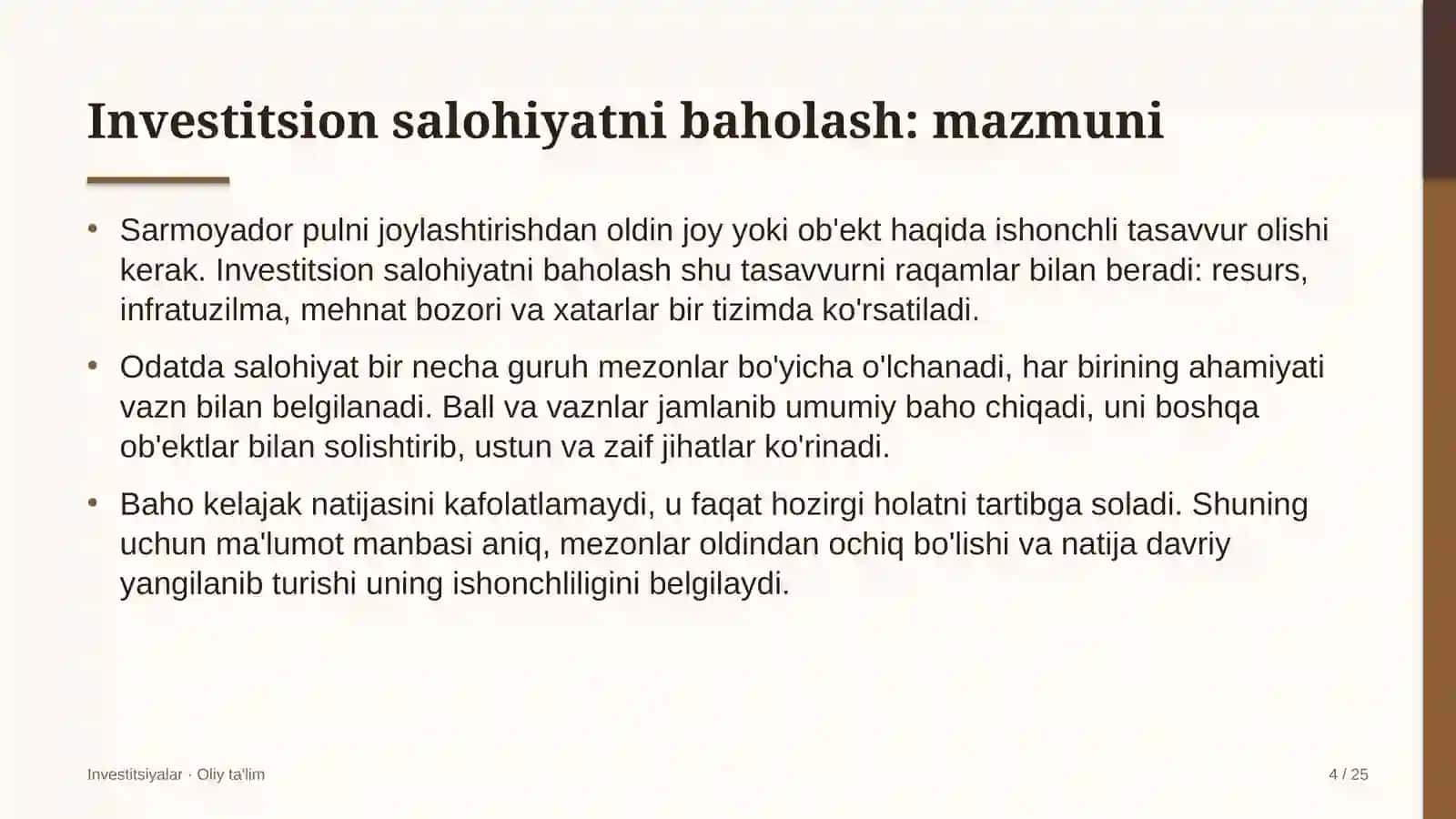 Investitsiyalar · Oliy ta'lim 4