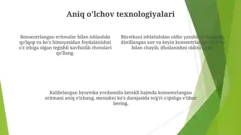 Byuretka qurilmasidan foydalanib konsentrlangan eritmalar tayyorlash 4