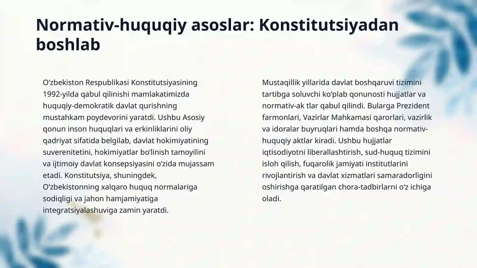Oʻzbekiston mustaqillik yillarida(1991-2026) davlat boshqaruvi tizimida amalga oshirilgan islohotlar. 4