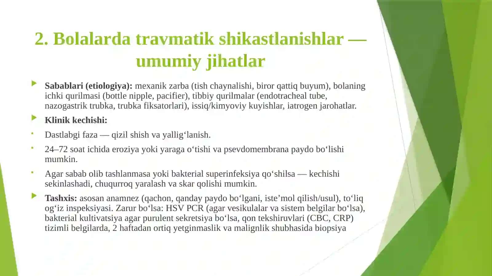 Bolalarda og’iz bo’shlig’i shilliq qavati kasalliklari tasnifi. Bolalar yoshida og’iz bo’shlig’I shilliq qavatining travmatik shikastlanishlari (dekubital yaralar, Bednar aftasi) klinik kechishi, tashxisi, davosi. 4