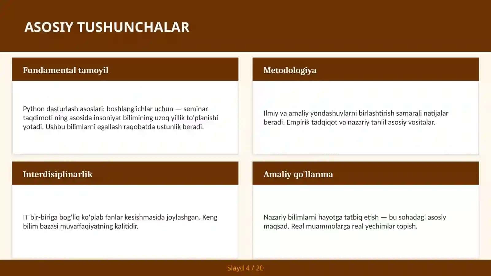 Python dasturlash asoslari: boshlang'ichlar uchun — seminar taqdimoti 4