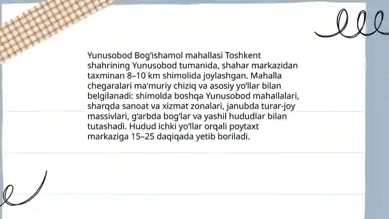 Yunusobod Bog’ishamol mahallasi 4