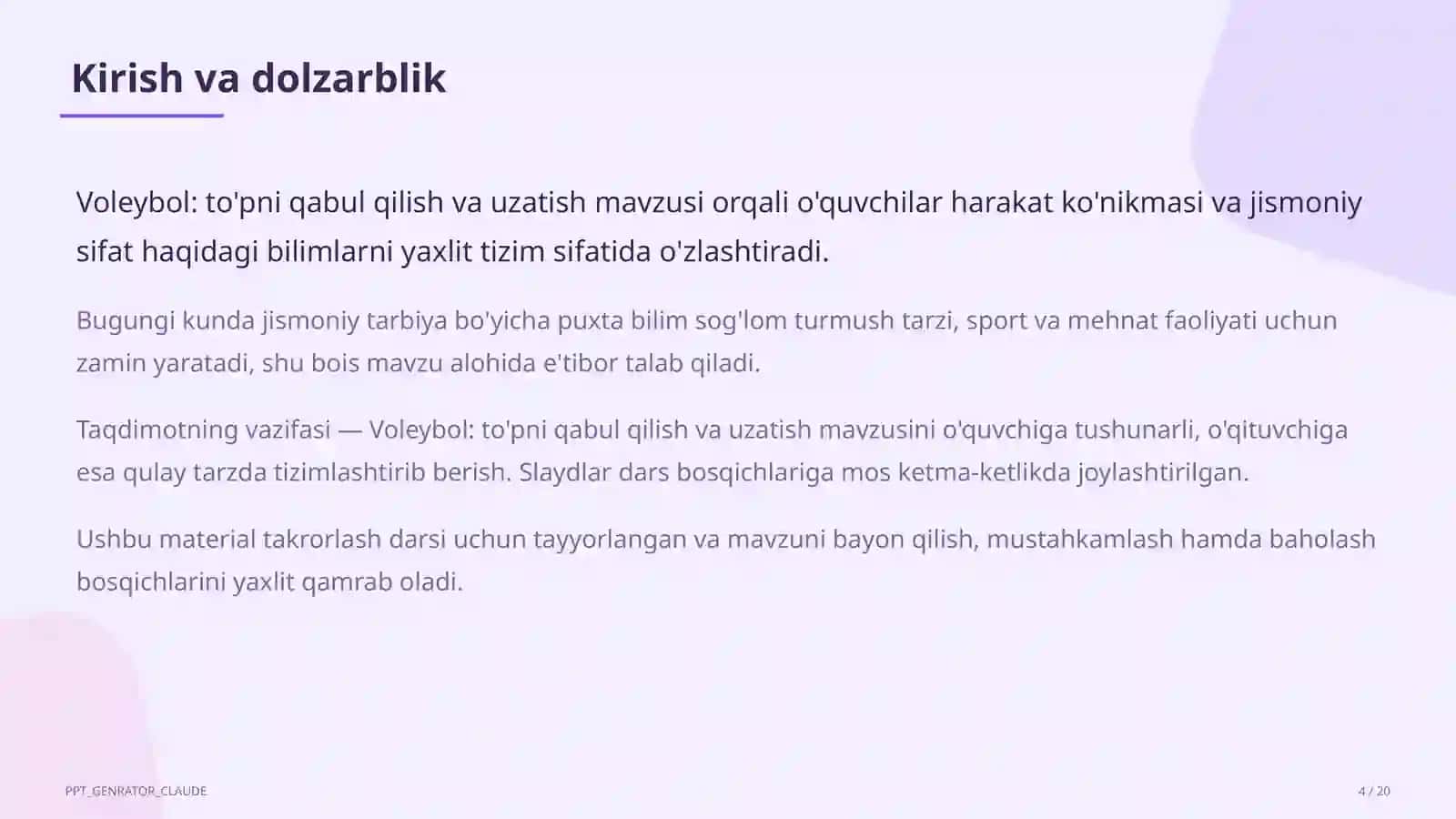 Voleybol: to'pni qabul qilish va uzatish (5-sinf) 4