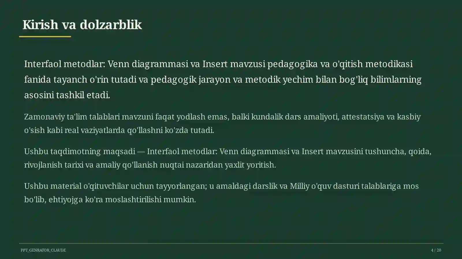 Interfaol metodlar: Venn diagrammasi va Insert 4