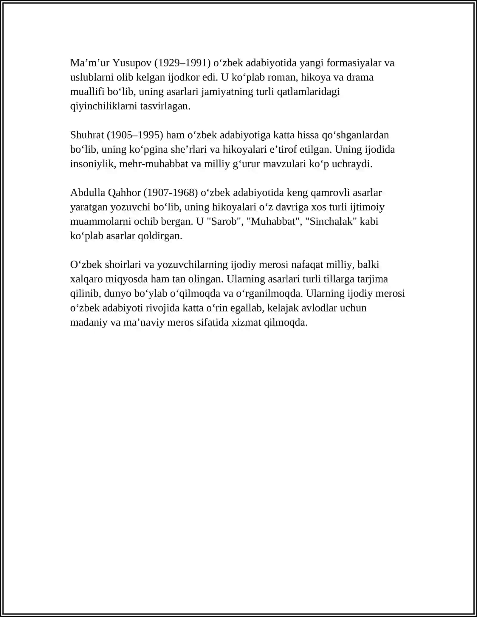 Oʻzbek shoirlari va yozuvchilarning ijodiy merosi 4