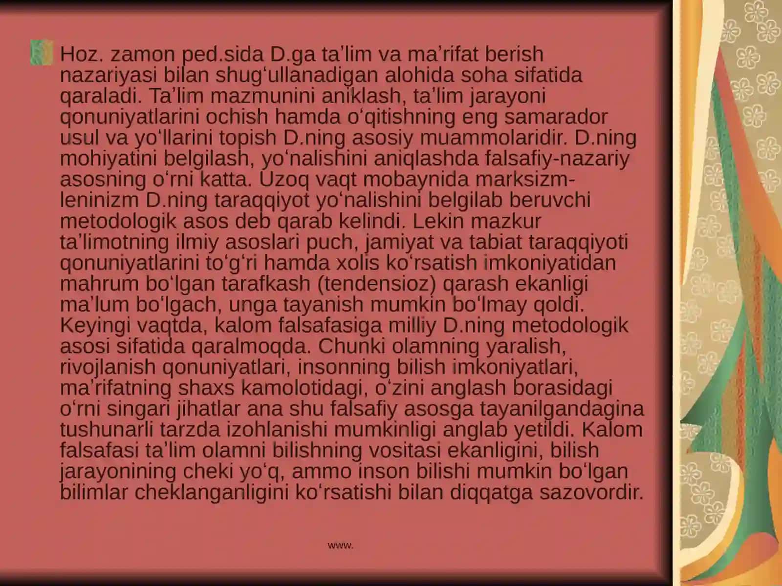 Didaktika –ta’lim nazariyasi sifatida. Ta’lim tamoyillari 4