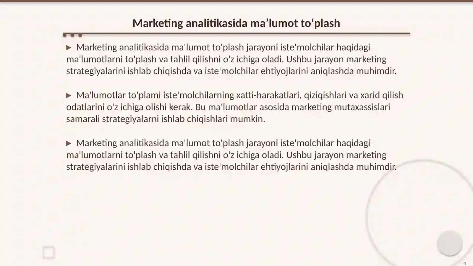 Marketing analitikasida malumot to'plash va sotib olishdan oldingi, sotib olish va sotib olishdan keyingi xatti-harakatlarni tahlil qilish 4