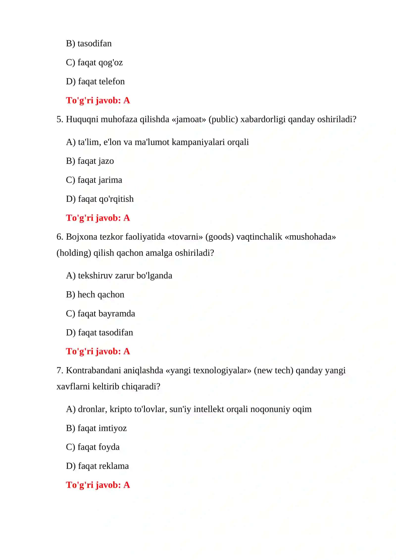 Bojxona Organlarining Huquqbuzarliklarga Qarshi Faoliyati - 150 ta Test Savollari 4