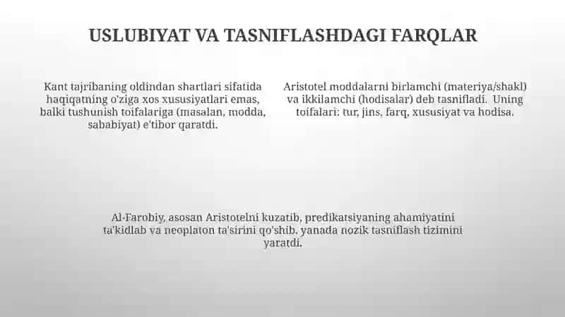 Aristotel farobiy va kant ontologiyasida katagoriyalarning tafnifi 4
