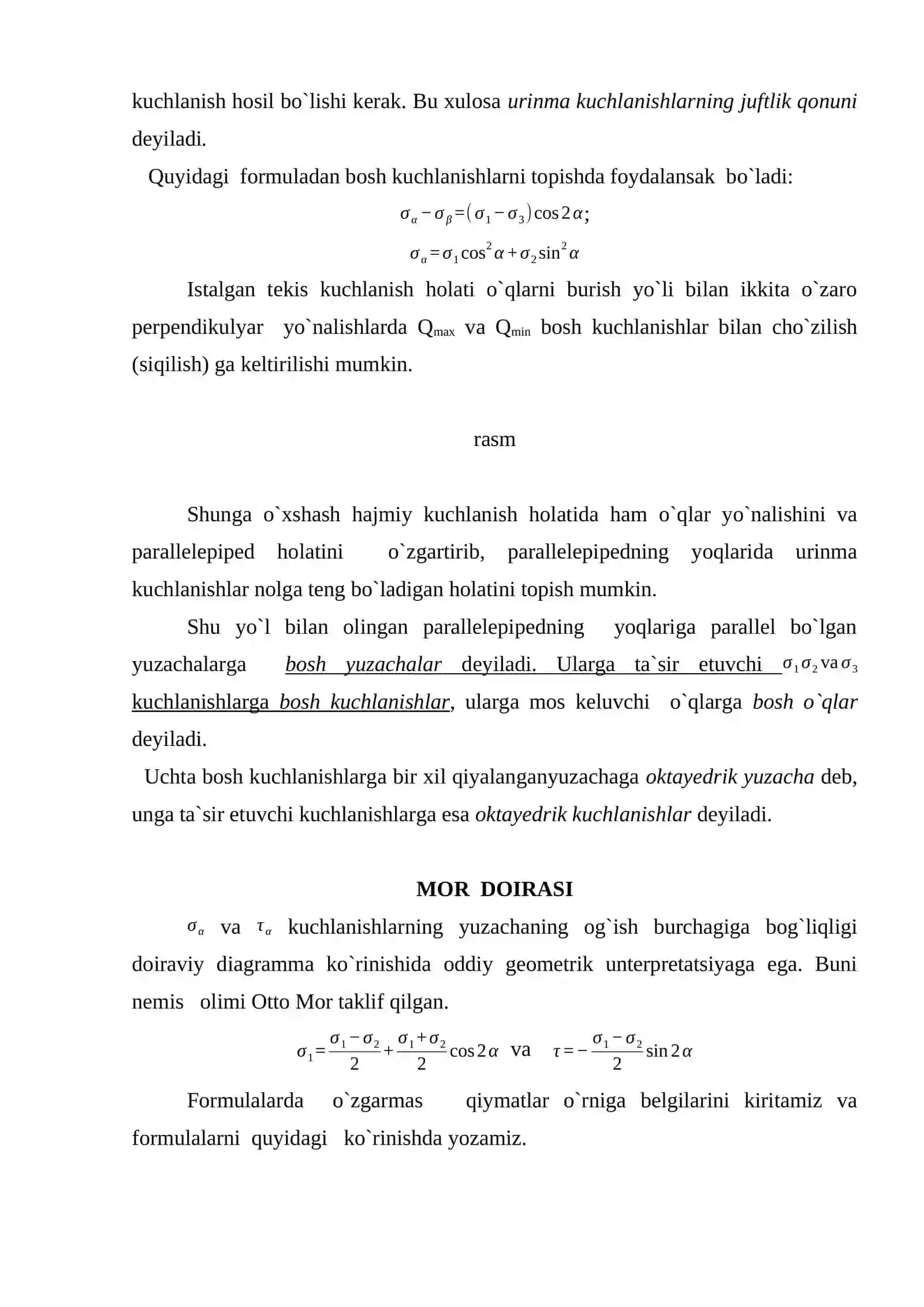 Kuchlanish holati. Urinma kuchlanishlar. Bosh kuchlanishlar 4