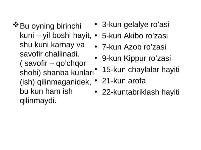 Yahudiylar o’z oylarida qo’laydigan kunlar haqida so’z 4