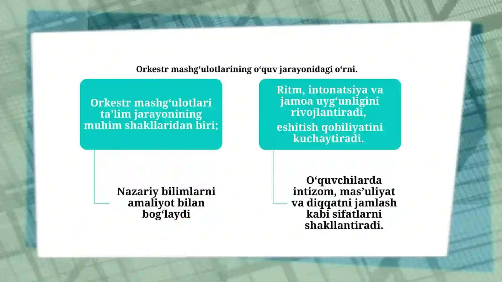 Mashg’ulotlarining o’quv, musiqiy, va ijodiy ishlarining asosiy shakli sifatida 4