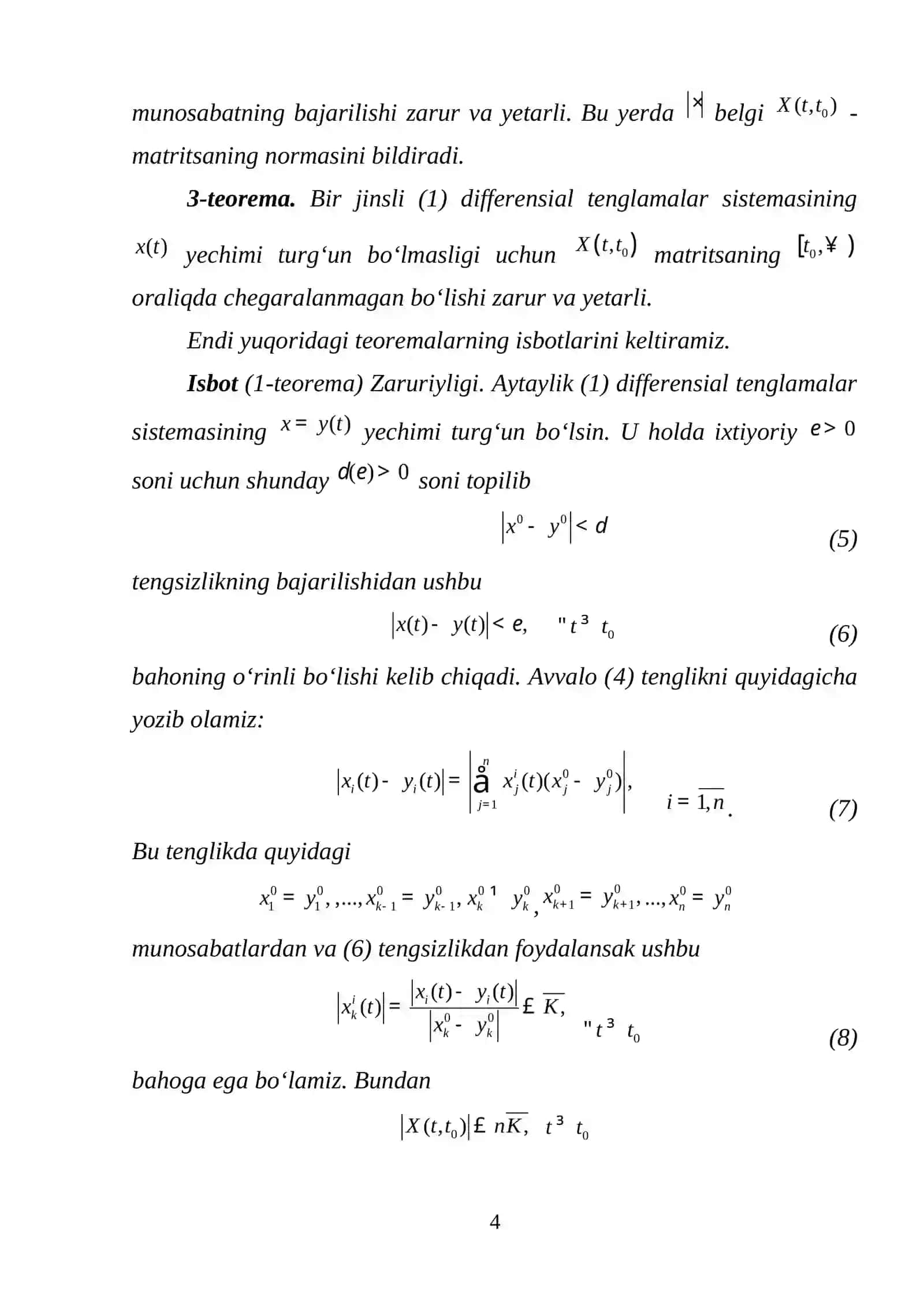 Chiziqli bir jinisli differensial tenglamalar sistemasi yechimining turg‘unligi 4