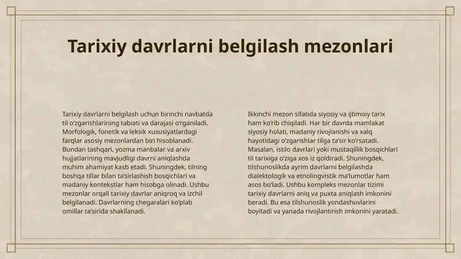 O’ZBEK TILI TARIXINI DAVRLASHTIRISH XUSUSIDA O’ZBEK TILSHUNOSLARI DUNYOQARASHI VA TURKIY TILLAR TASNIFI. TURK, CHIG’ATOY, SART, O’ZBEK ATAMALARINING QO’LLANISH TARIXI VA ILMIY ASOSLANISHI 4