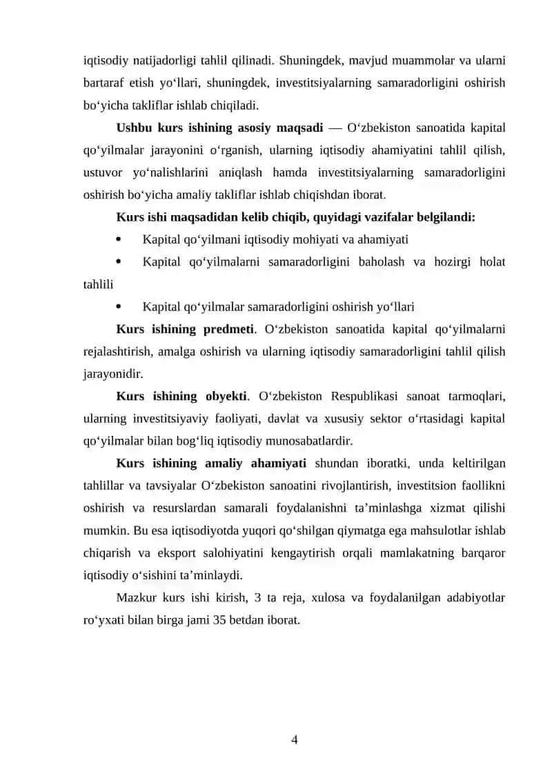 “O‘zbekistonda sanoatda kapital qo‘yilmalar va ularning asosiy yo‘nalishlari” mavzusida ilmiy ish 4