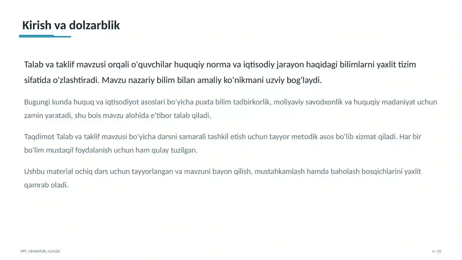 Huquq va iqtisodiyot asoslari (9–11) — ochiq dars uchun 4
