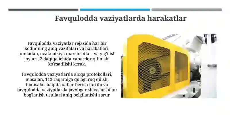 Ishlab chiqarish maydonlarida mehnat xavfsizligi to'g'risida yo'riqnomalarni o'rganish 4